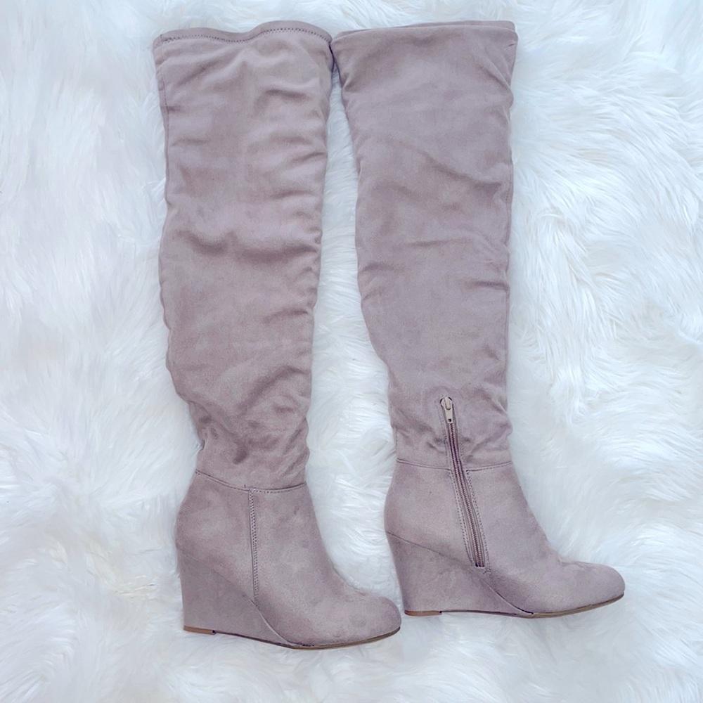 Taupe suede knee high boots